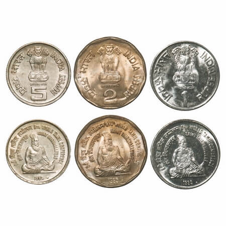 1, 2, 5 Rupees (3 Coins) 1995, Mix Metals, 8th World Tamil Conference Saint Thiruvalluvar,