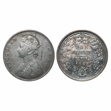 Victoria Queen, Silver, Rupee, 1862, Bombay Mint, D/II, The Queens jabot has 4 & 3/4 panel