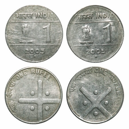 1 Rupee (2 Coins) 2005, FSS, Hyderabad Mint, 1) normal coin with cross, 2) reverse rotated