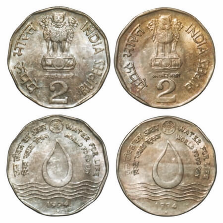 2 Rupees (2 Coins), 1994, Cu-Ni, Bombay Mint. Water For Life, 2 different lions on obverse