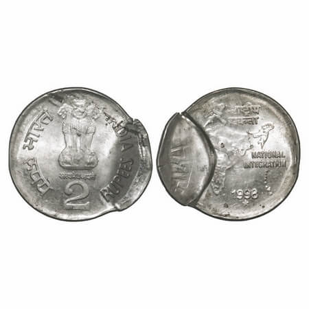 2 Rupees. 1998, Cu-Ni, Hyderabad Mint. National Integration.Indent error. Uncirculated, Ra
