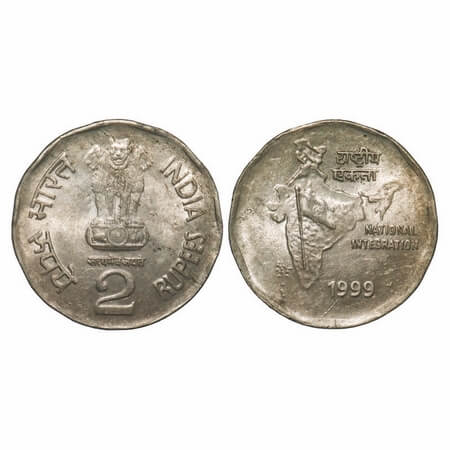 2 Rupees. 1999, Cu-Ni, Calcutta Mint. National Integration. type D lion, reengraved chest 