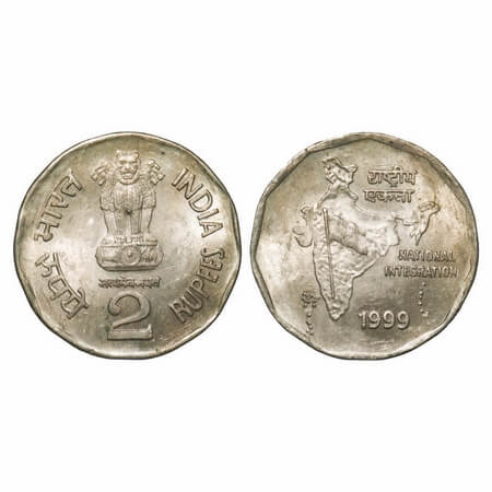 2 Rupees, 1999, Cu-Ni, Calcutta Mint. Type C lion. Uncirculated. Rare.