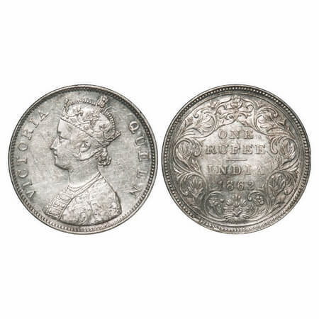 Victoria Queen, Silver, Rupee, 1862, Bombay Mint, B/II/1/0, Inclined 1, A prominent ghost 