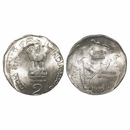 2 Rupees. 1999, Cu-Ni, (Calcutta) Mint. National Integration. Double struck both sides. Un