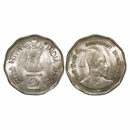 2 Rupees, 1999, Cu-Nic, Chhatrapati Shivaji, Hyderabad Mint. Uncirculated. Rare.