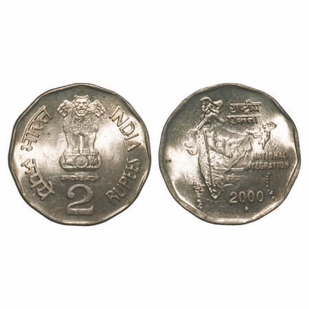 2 Rupees. 2000, Cu-Ni, Bombay Mint. National Integration. type D lion, reengraved chest of