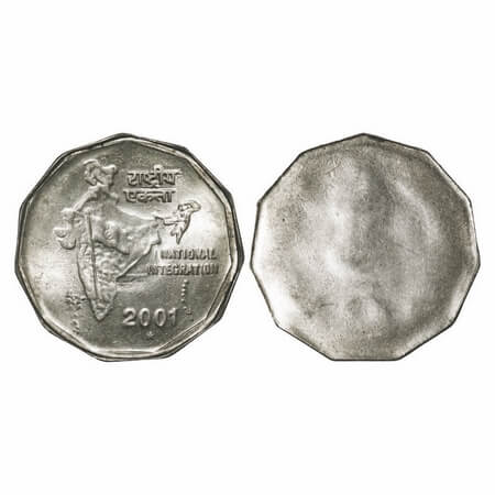 2 Rupees. 2001, Cu-Ni, Hyderabad Mint. National Integration. Reverse Brockage/Lakhi. Uncir