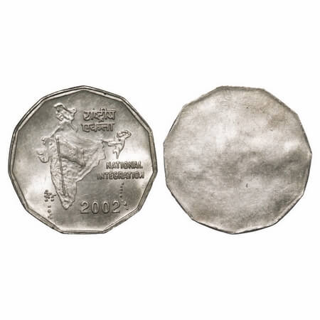 2 Rupees. 2002, Cu-Ni, Calcutta Mint. National Integration. Reverse Brockage/Lakhi. Uncirc