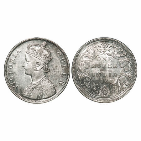 Victoria Queen, Silver, Rupee, 1862, Bombay Mint, B/II/2/0, Inclined 1, 2 dots arranged on
