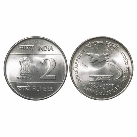 2 Rupees, 2007, FSS, Calcutta Mint, Platinium Jubilee of Indian Airforce. Brilliant Uncirc