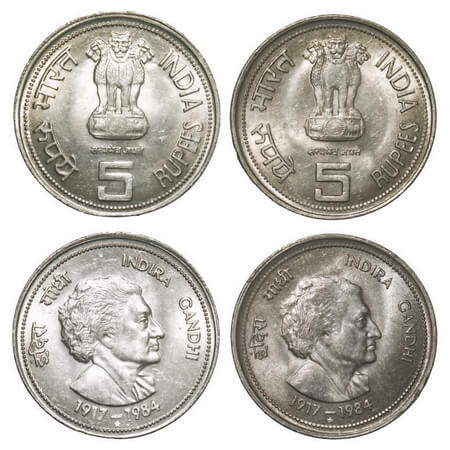 5 Rupees (2 Coins), 1984, Cu-Ni, Hyderabad Mint. Indira Gandhi, small and thin legends & o