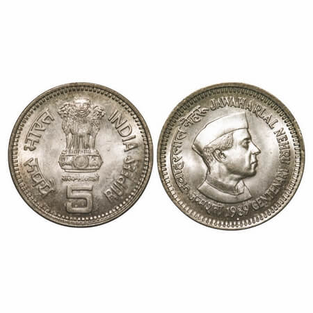 5 Rupees, 1989, Cu-Nic, Jawaharlal Nehru, Bombay Mint, long Rim Teeth and small head. Unci