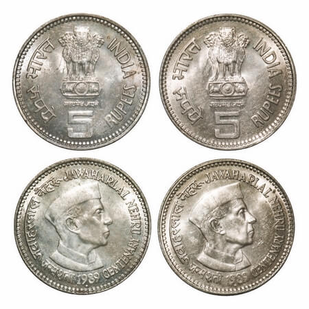 5 Rupees, 1989, Cu-Ni, (2 Coins), Jawaharlal Nehru, Bombay Mint, big and small mint mark, 