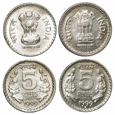 5 Rupees (2 Coins), 1999, Cu-Ni, Bombay Mint, 2 different obverse. Extremely Fine to Extre