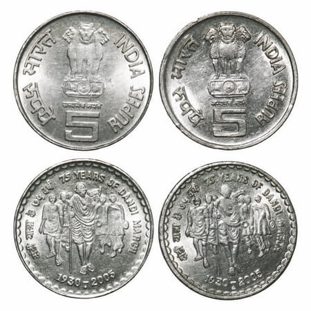 5 Rupee (2 Coins), 2005, FSS, 75 years of Dandi March, Bombay Mint, 2 different obverse. V
