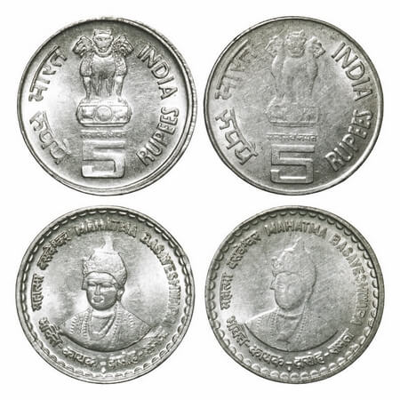 5 Rupee (2 Coins), (2006), FSS, Mahatma Basaveshwara, Bombay Mint, 2 different Lion Variet