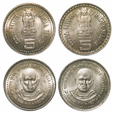 5 Rupees (2 Coins), 2006, Cu-Ni, Jagat Guru Sree Narayan Gurudev, Bombay Mint, 2 different