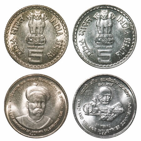 5 Rupees (2 Coins), 2007, Mix Metal, 1) Cu-Nic, 150th Birth anniversary of Lokmanya Balgan