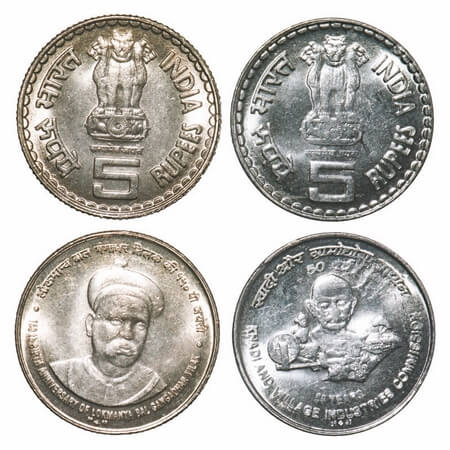 5 Rupees (2 Coins), 2007, Mix Metal, 1) Cu-Nic, 150th Birth anniversary of Lokmanya Balgan