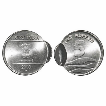 5 Rupees, 2008, FSS, Hyderabad Mint, Indent error. Uncirculated. Scarce.