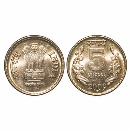 5 Rupees, 2009, Brass, Hyderabad Mint, Type 2 Lion Varieties. Brilliant Uncirculated, Rare