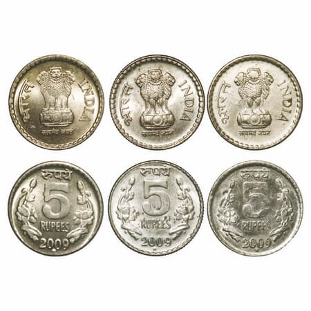 5 Rupees(3 Coins), 2009, Brass, Hyderabad Mint , 3 different lion types and 3 different 9 