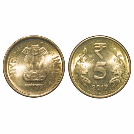 5 Rupees, 2017, Brass, Noida Mint, Mule, obverse of 1 re struck on 5 re coin. Uncirculated
