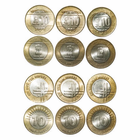 10 Rupees (6 Coins), Bimetal, 2005, 2006, 2007, 2008, 2009 (Noida Mint), 2010 (Bombay Mint