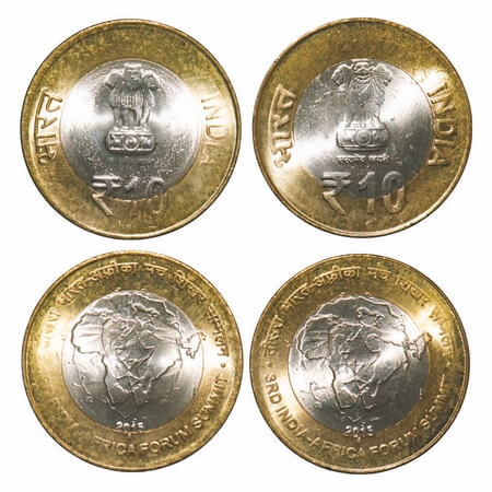 10 Rupees (2 Coins), 2015, Bimetal, 3rd India Africa Forum Summit, Bombay Mint, thin and t