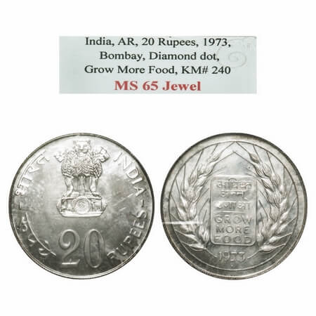 20 Rupees, 1973, Silver, Grow More Food, Bombay Mint. NGS graded MS 65 Jewel. Scarce.