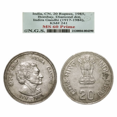 20 Rupees, 1985, Cu-Ni, Indira Gandhi, Bombay Mint. NGS graded MS 60 Prime. Scarce.