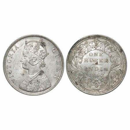 Victoria Queen, Silver, Rupee, 1862, Bombay Mint, B/II/2/0, Ghost on Rev, Inclined 1. F. P