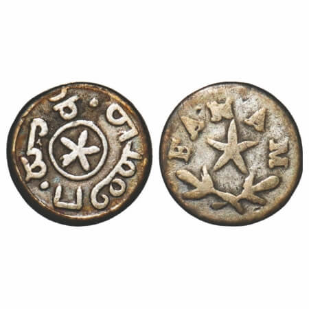 Madras Presidency, Silver Fanam, 0.87g, (1807 AD 1st Issue), Obv: Fanam & branches, no cen