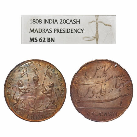 Madras Presidency, Copper XX (Twenty) Cash, struck at Soho Mint, 1808 AD, Obv: Coat of Arm