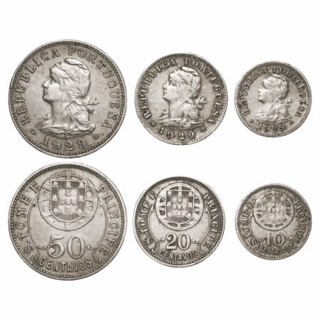 Saint Thomas & Prince, Cu-Nic (3 coins), 10, 20, 50 Centavos, 1929. Obv: Liberty head left