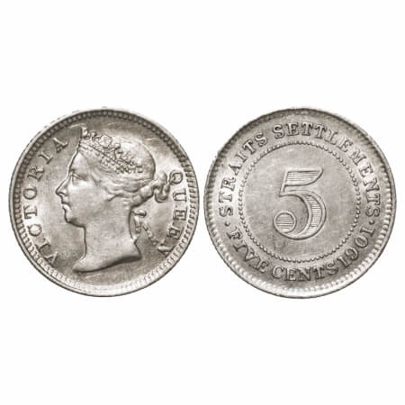 Straits Settlements, Silver (0.800) 5 Cents, 1.35g, Victoria Queen, 1901, Obv: Crowned bus