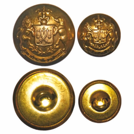 Cooch Behar, Brass collar buttons (2 sizes). Coat of Arms. Extremely Fine. Scarce.