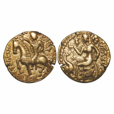 Guptas, Kumargupta I, Gold Dinar, 7.91g, 19.29x19.75mm, Horseman Type, Obv: King nimbate, 