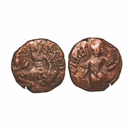 Huns, Kashmir, Toramana II, Copper Drachma, 6.87g, 20.26x19.91mm, Obv: King standing sligh