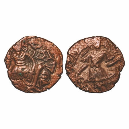 Huns, Kashmir, Toramana II, Copper Drachma, 7.01g, 20.75x20.94mm, Obv: King standing sligh