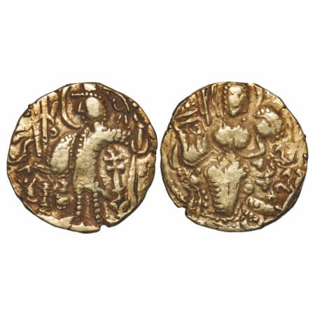 Kidarite Huns, Kidara (365-390 AD), Base Gold Dinar, 7.78g, 23.04x22.58mm, Obv: King stand