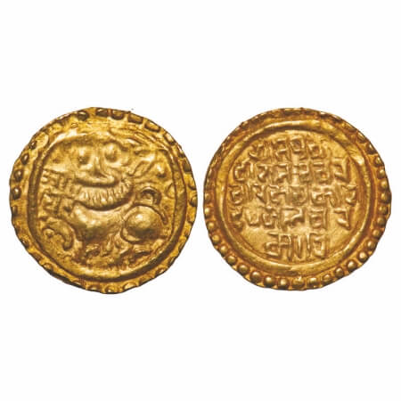 Kadambas of Goa, Veera Jayakesi I, Gold Gadyana, Obv: Lion standing with raised forepaw an