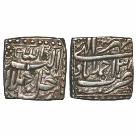 Akbar, Silver Square Rupee, 11.36g, Ahmadabad Mint, Ilahi Type, 'Mihr'/ Year 38, Obv: Alla