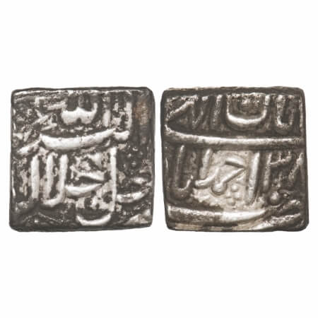 Akbar, Silver Square Rupee, 11.41g, Ahmadabad Mint, Ilahi Type, 'Aban'/ Year 38, Obv: Alla