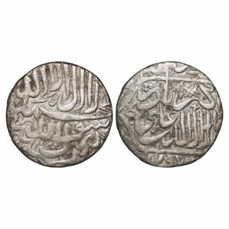 Akbar, Silver Rupee, 10.36, Akbarpur Tanda Mint, AH 97(3), date near mint on rev bottom KM