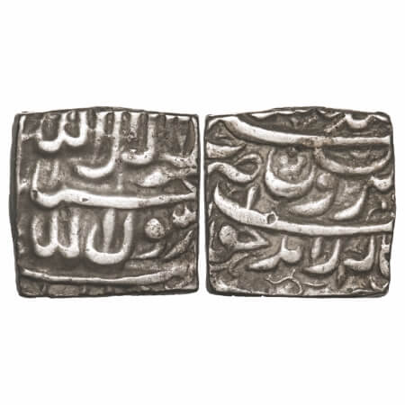 Akbar, Silver Square Rupee, 11.23g, (Bang) Mint, Kabe Roshan Couplet, Kalima type. KM 86.1