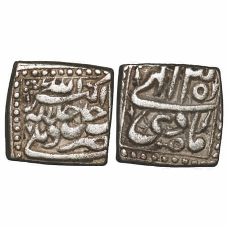 Akbar, Silver Square Rupee, 11.33g, Delhi Mint, Ilahi type, Month 'Di', Year 35, partly do