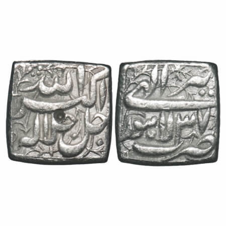 Akbar, Silver Square Rupee, 11.22g, Lahore Mint, Ilahi Type, 'Tir'/ Year 37, Obv: Allah uh