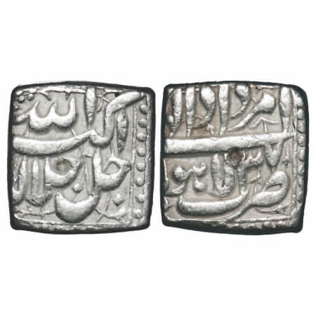 Akbar, Silver Square Rupee, 11.40g, Lahore Mint, Ilahi Type, 'Amardad'/ Year 37, Obv: Alla